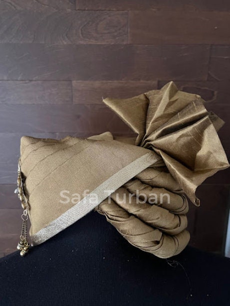 Indian Wedding- Raw Silk Fabric handmade Safa for groom in Golden colour, Groom Head Safa Turban/Pagdi/Premade Turban Headwrap for Dulha