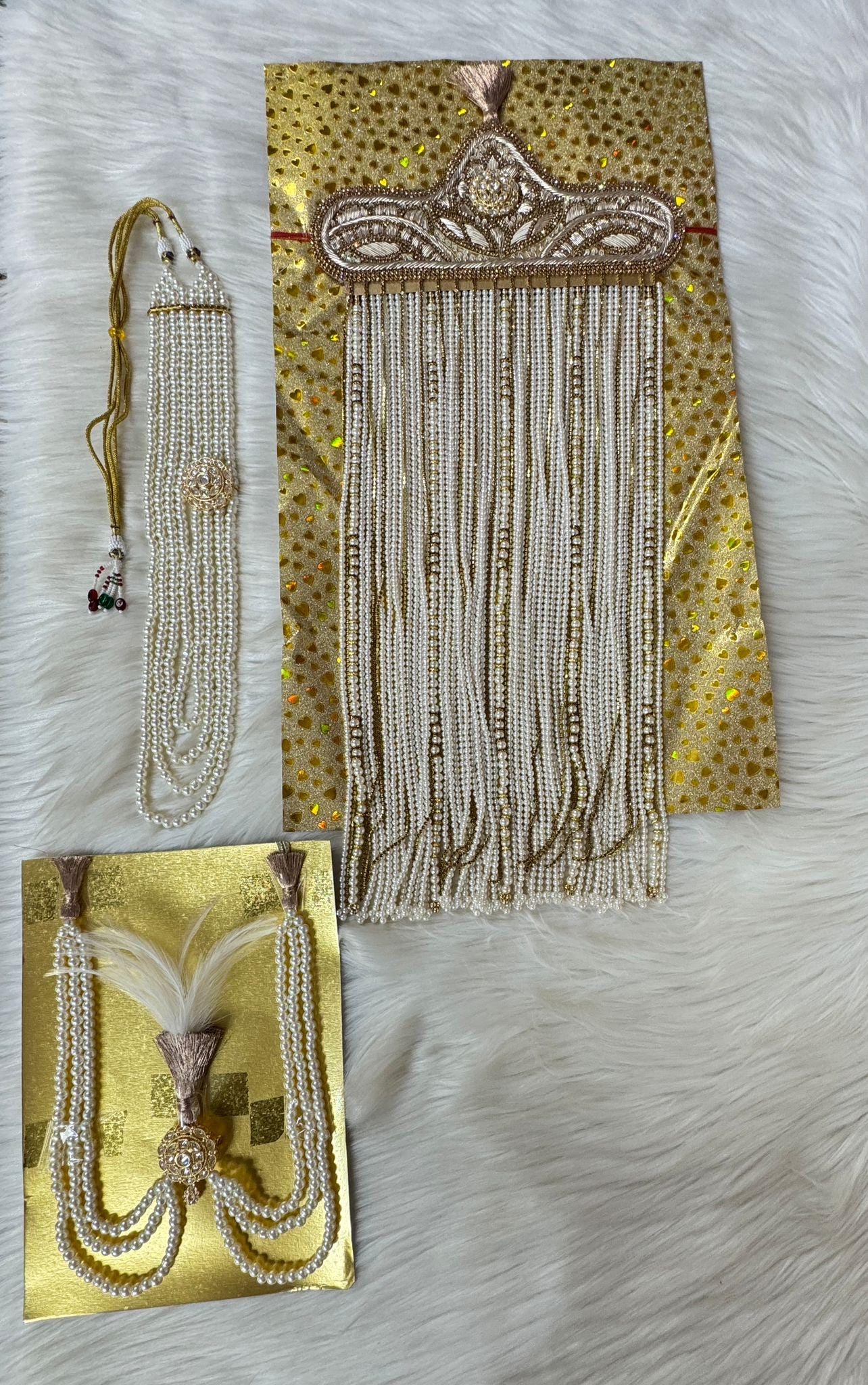 Kalgi, Sehra and Pearl Necklace Set -  Kalangi/Kalgi, Traditional Sehra, Pearl Necklace with Brooch for Groom (Trio Combo)