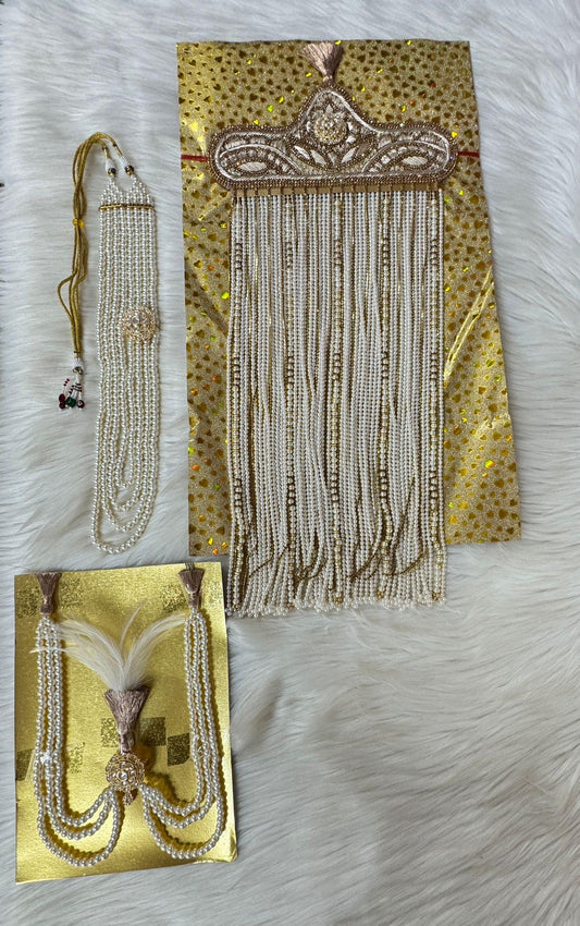 Kalgi, Sehra and Pearl Necklace Set -  Kalangi/Kalgi, Traditional Sehra, Pearl Necklace with Brooch for Groom (Trio Combo)