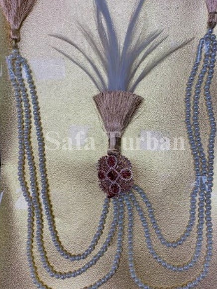 Indian Wedding Accessories-  Kalangi/Kalgi for Men's Safa/Groom Turban (multicolored gemstone with white pearl string chain)